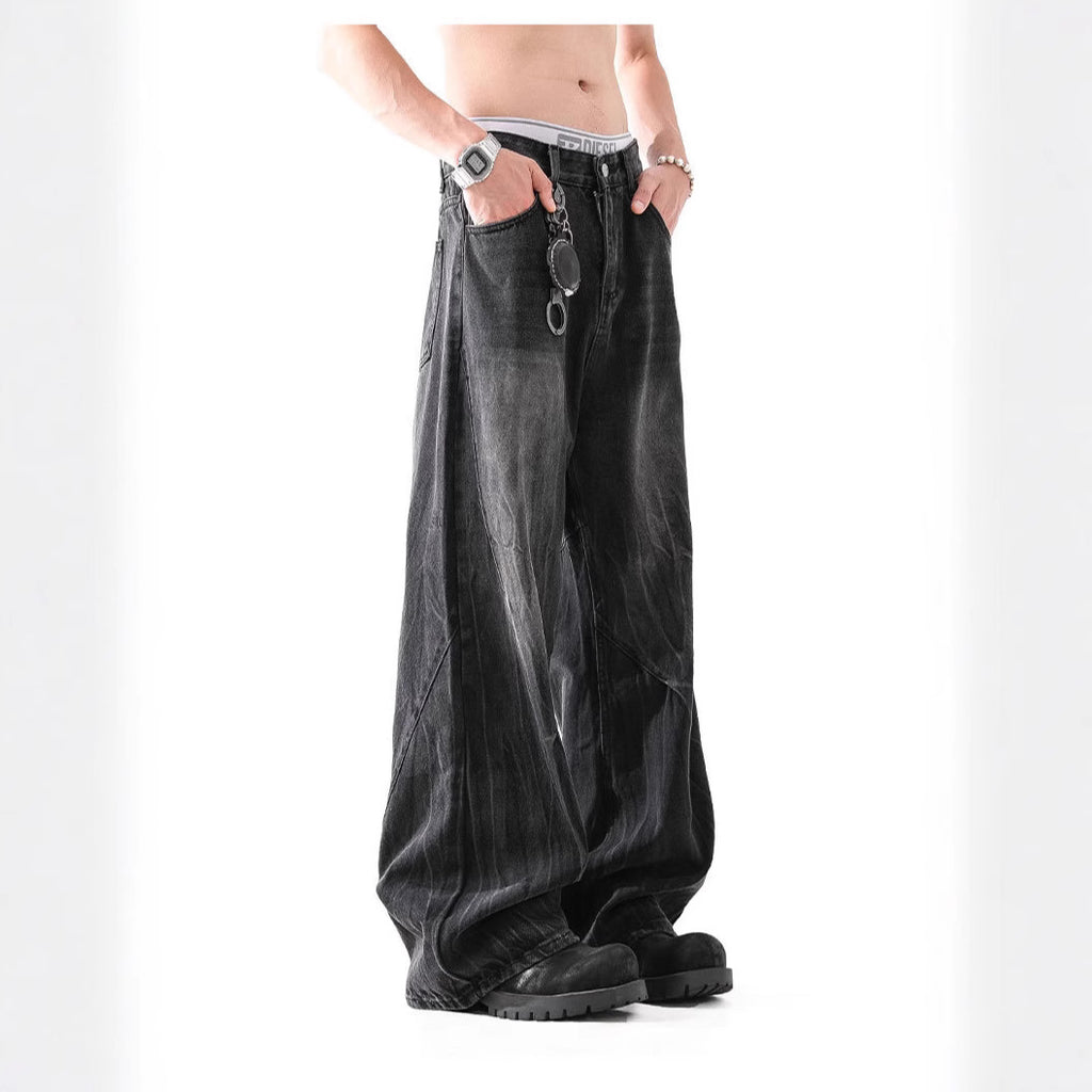Lightning Pattern Washed Straight Jeans Men